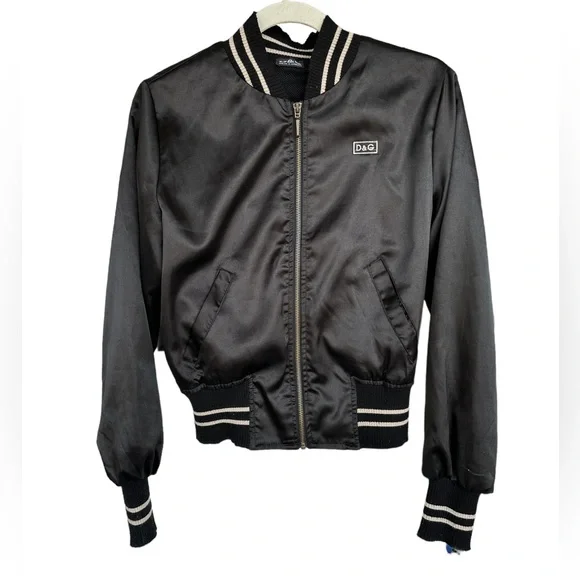Dolce & Gabbana Vtg. Y2K black satin Bomber jacket embroidery Logo S - Picture 2 of 15